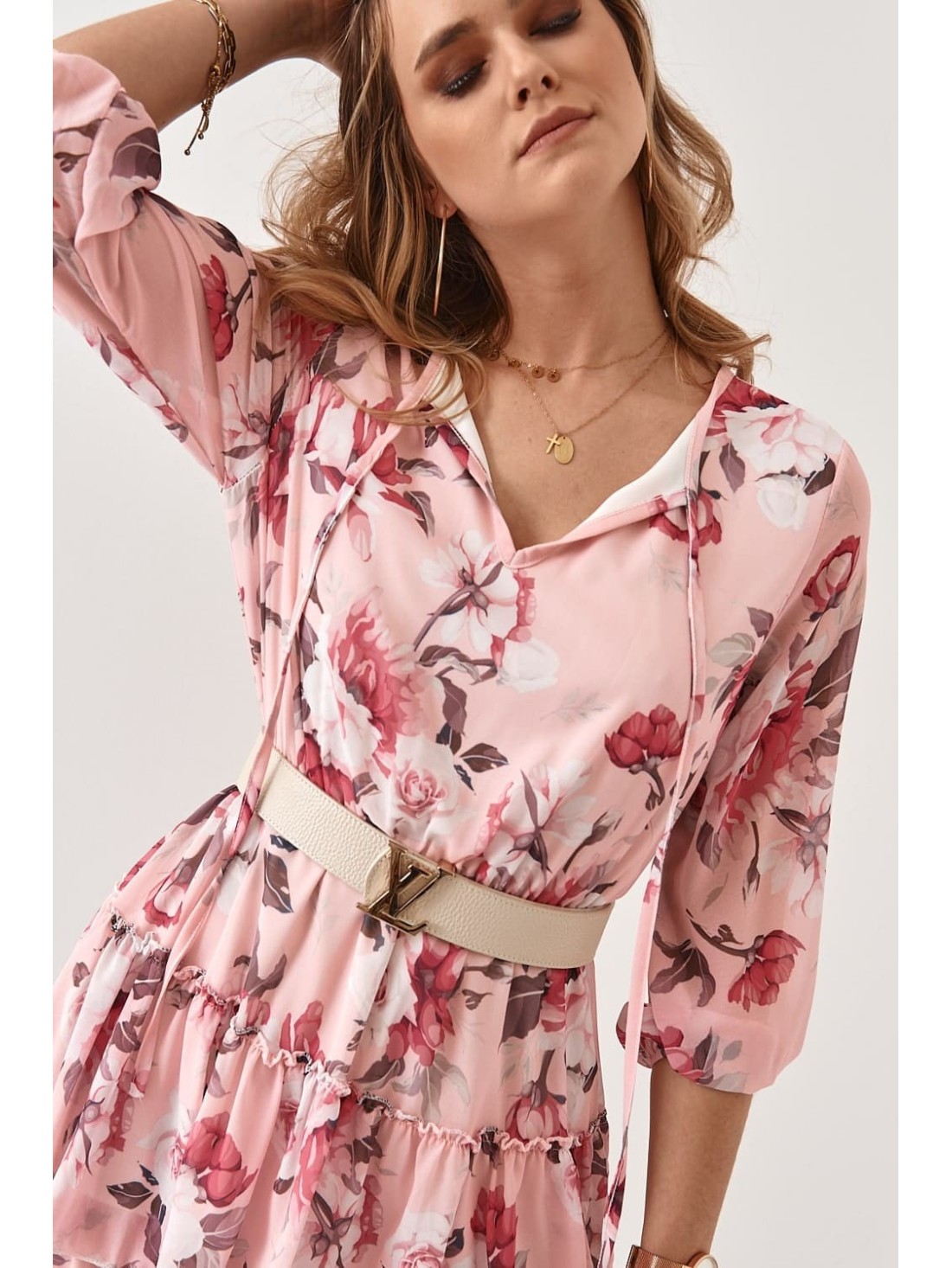 Floral dress with a tied neckline, powder 21990 - Online store - Boutique